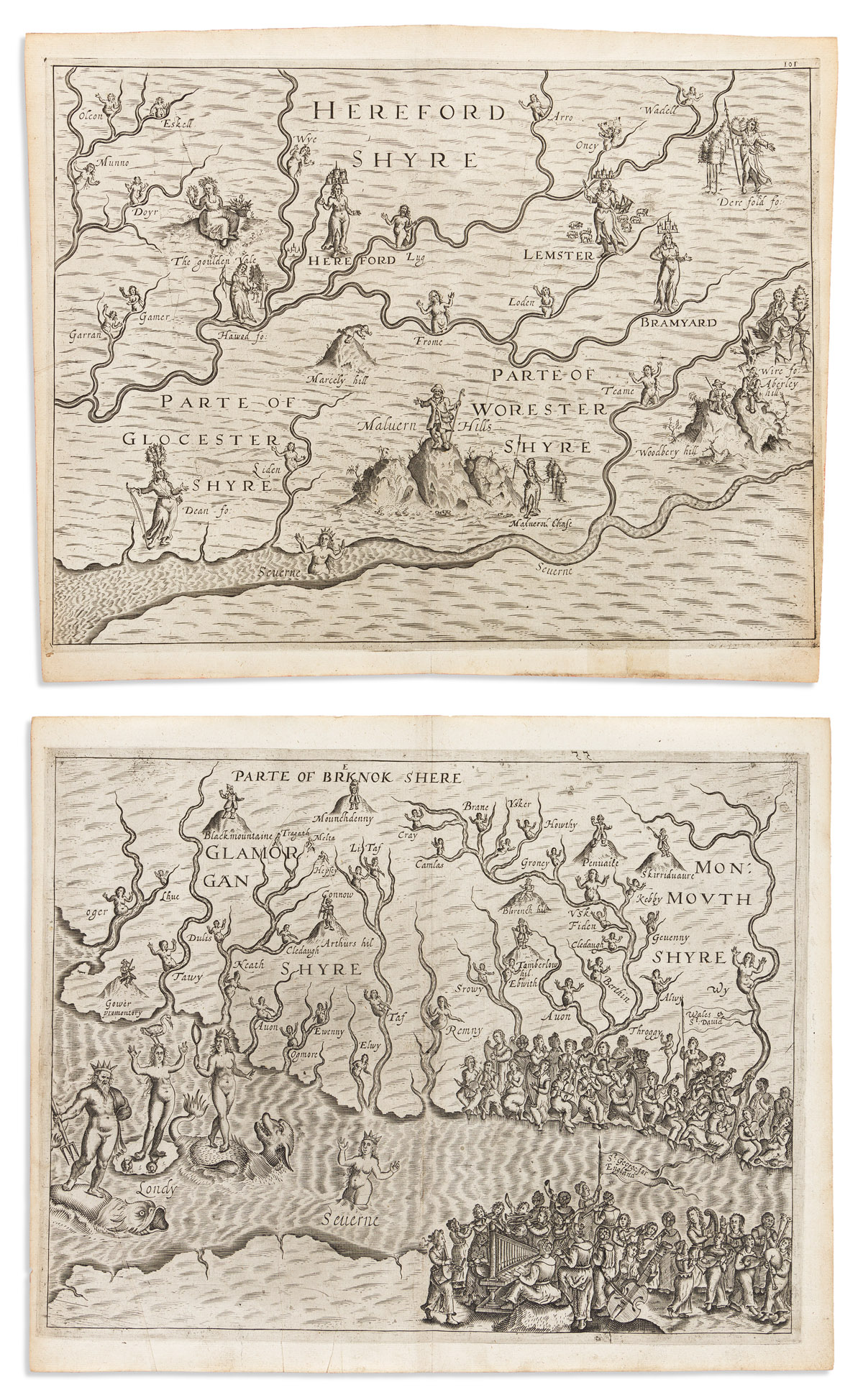 (BRITISH COUNTIES.) William Hole; for Michael Drayton. Two anthropomorphically decorated double-page engraved maps of Welsh and Midland
